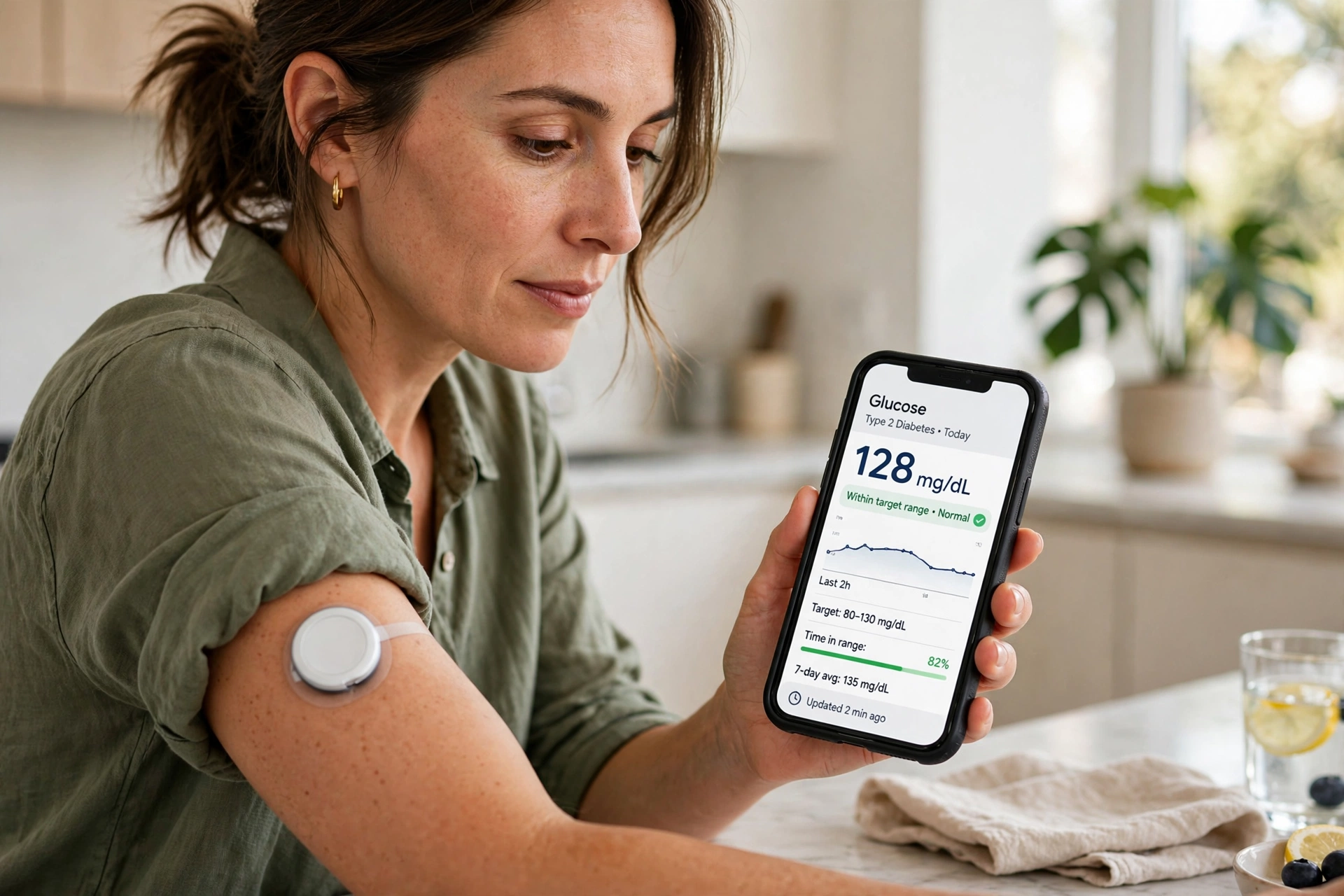 Person with type 2 diabetes wearing a continuous glucose monitor sensor and checking readings on a smartphone