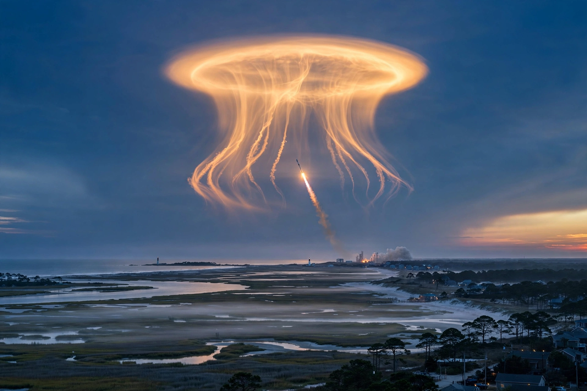 SpaceX rocket launch at dawn creating a glowing jellyfish-shaped cloud over the US east coast