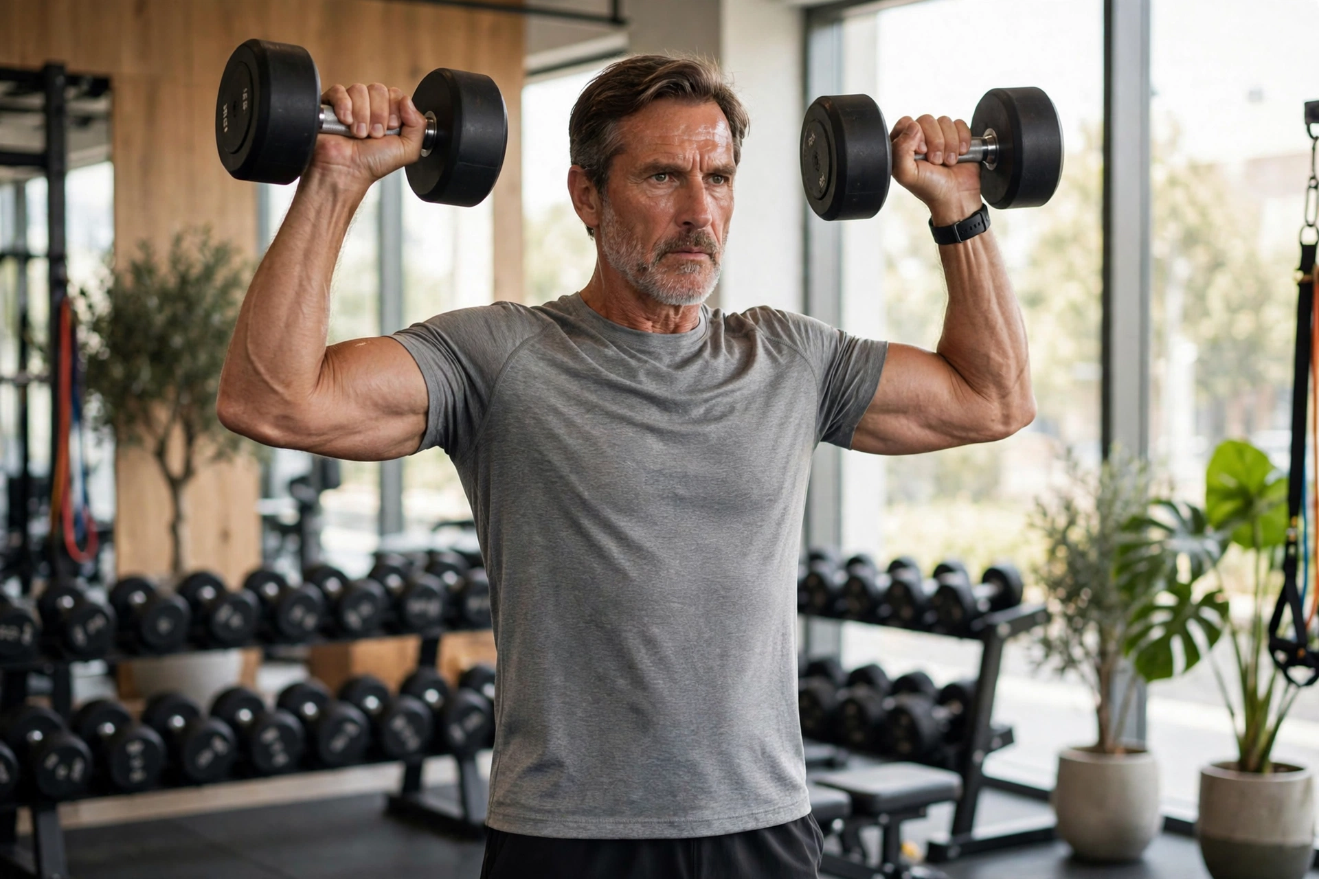 Adult training with dumbbells in a bright gym