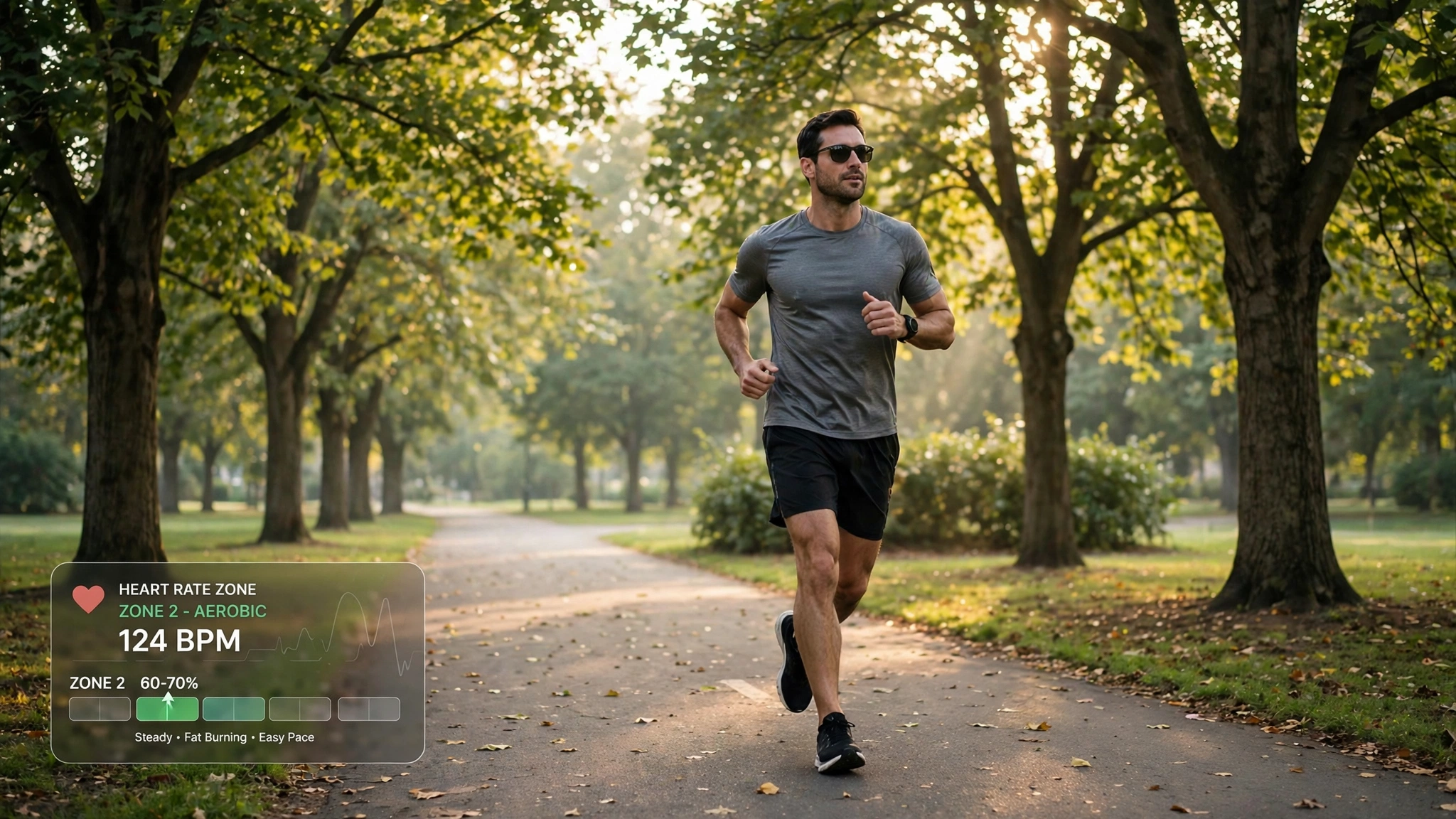 Runner jogging at an easy steady pace on a tree-lined park path